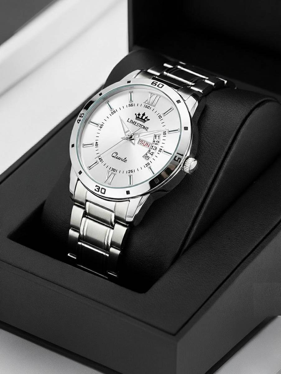 LIMESTONE Day and Date Function Steel Strap Quartz Analog Watch - For Men