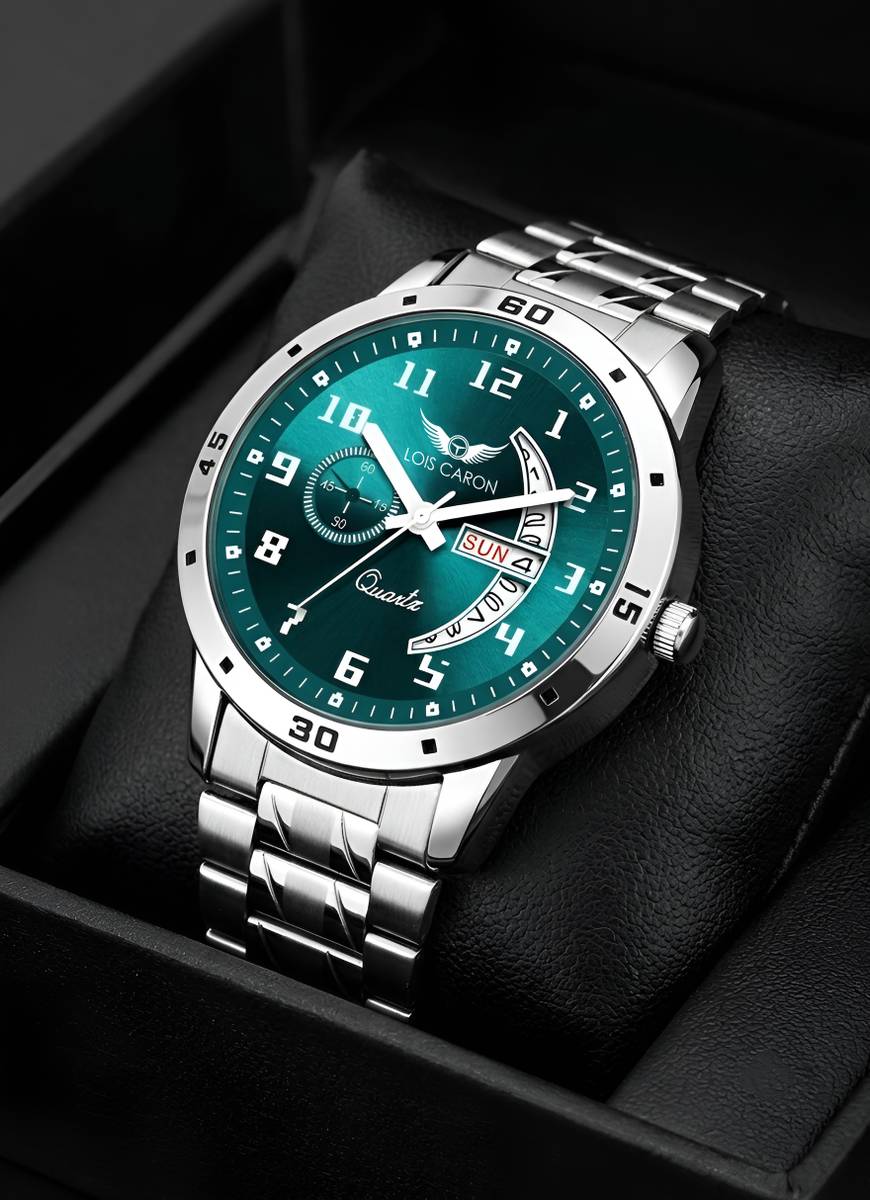 LOIS CARON LCS-8326 Trending Day & Date Series Stainless Steel Green dial wrist watch Chain for Boy Analog Watch - For Men