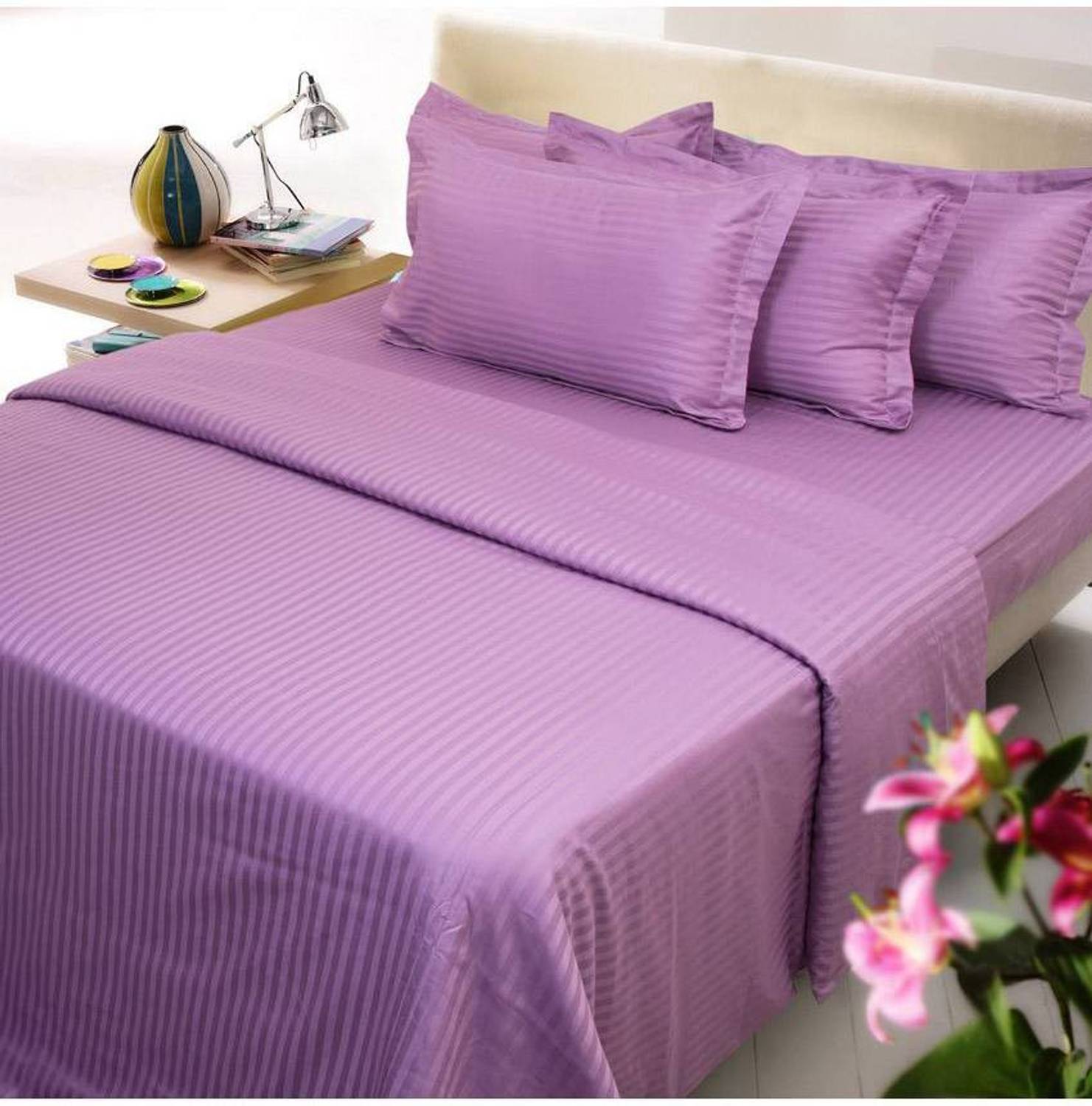 Amita Home Furnishing Satin Queen Flat 300 TC Striped 1 Bedsheet with 2 Pillow Covers