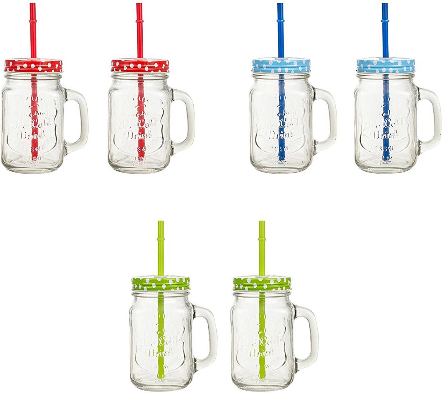 AEVLON Mason Jar Glass mug, 500 ml, 6-Piece, Multicolour Glass Mason Jar
