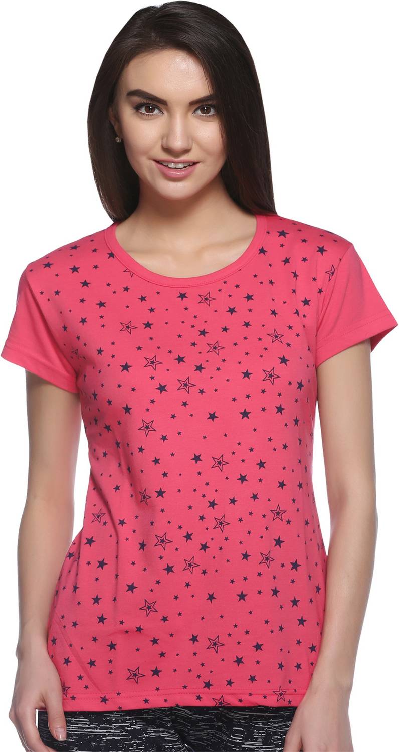69GAL Printed Women Round Neck Blue, Pink T-Shirt