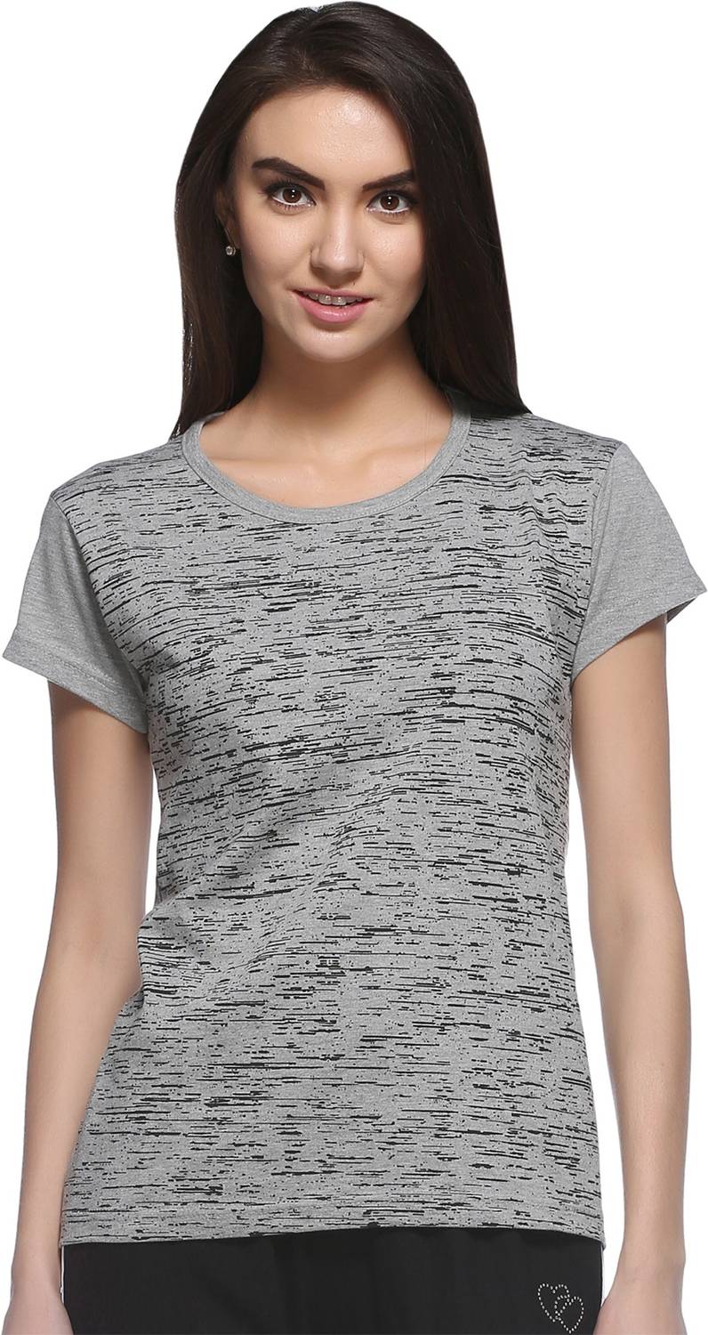 69GAL Striped Women Round Neck Grey T-Shirt