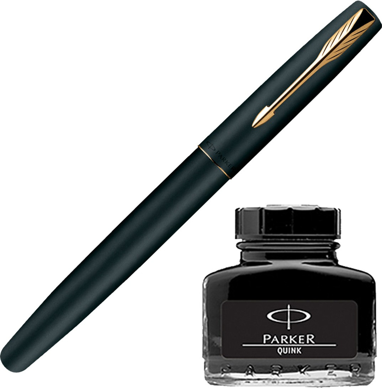 Image of PARKER Frontier Matte Black GT Fountain Pen with Black Quink Ink Bottle