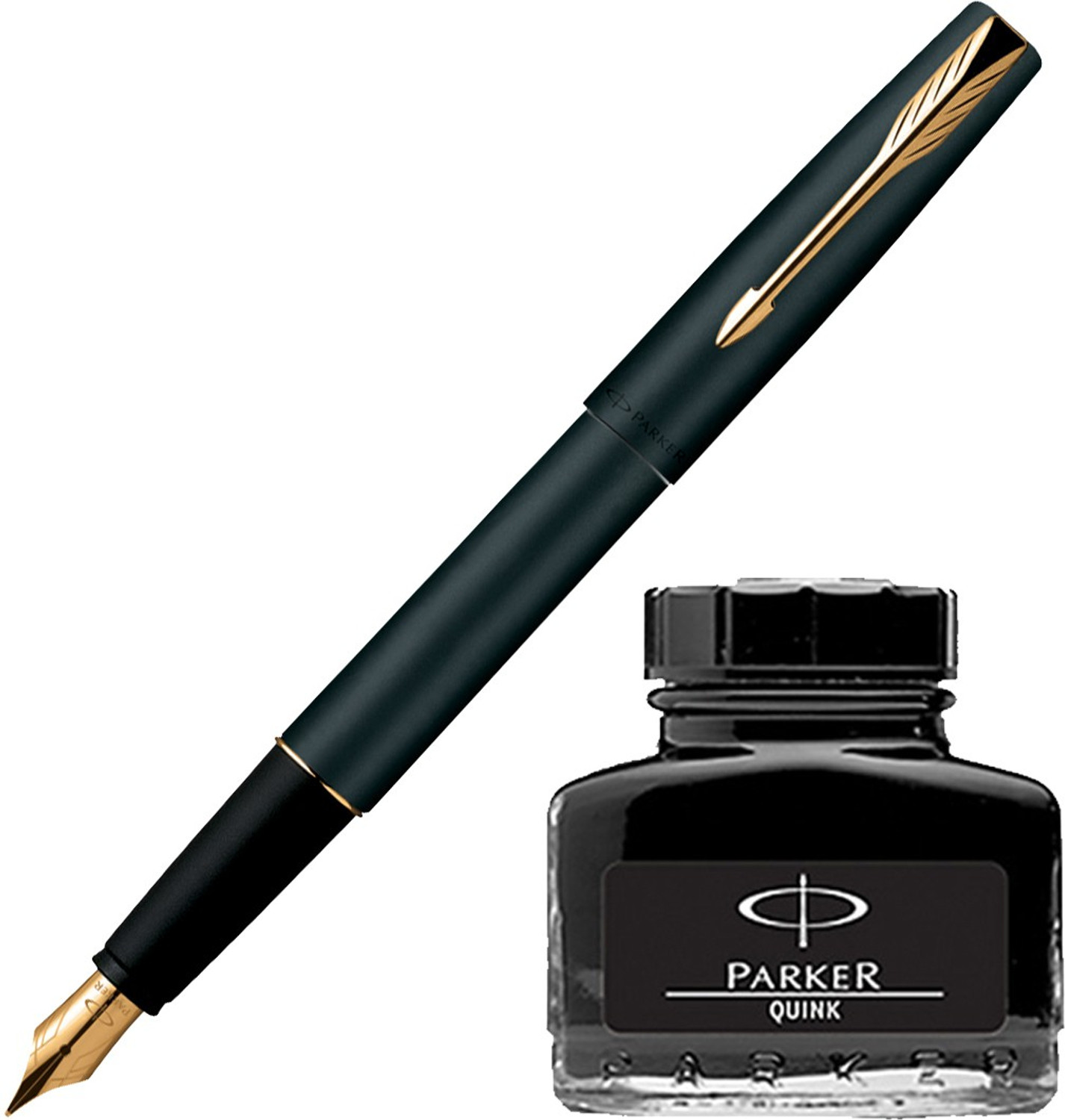 Image of PARKER Frontier Matte Black GT Fountain Pen with Black Quink Ink Bottle