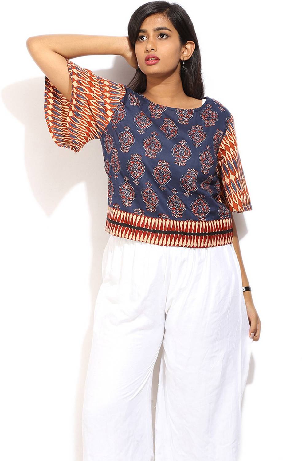 BIBA Casual Kimono Sleeve Printed Women Blue Top