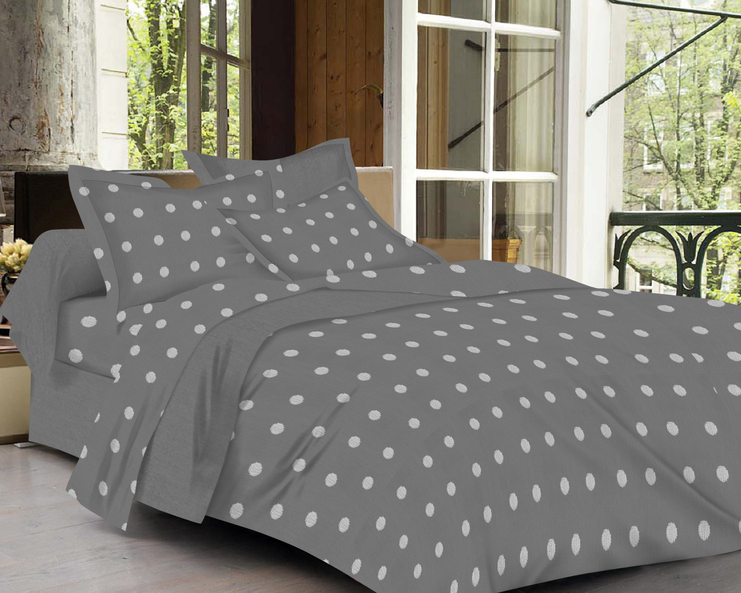 Image of Trance Cotton Queen Fitted (Elastic) 300 TC Polka 1 Bedsheet with 2 Pillow Covers