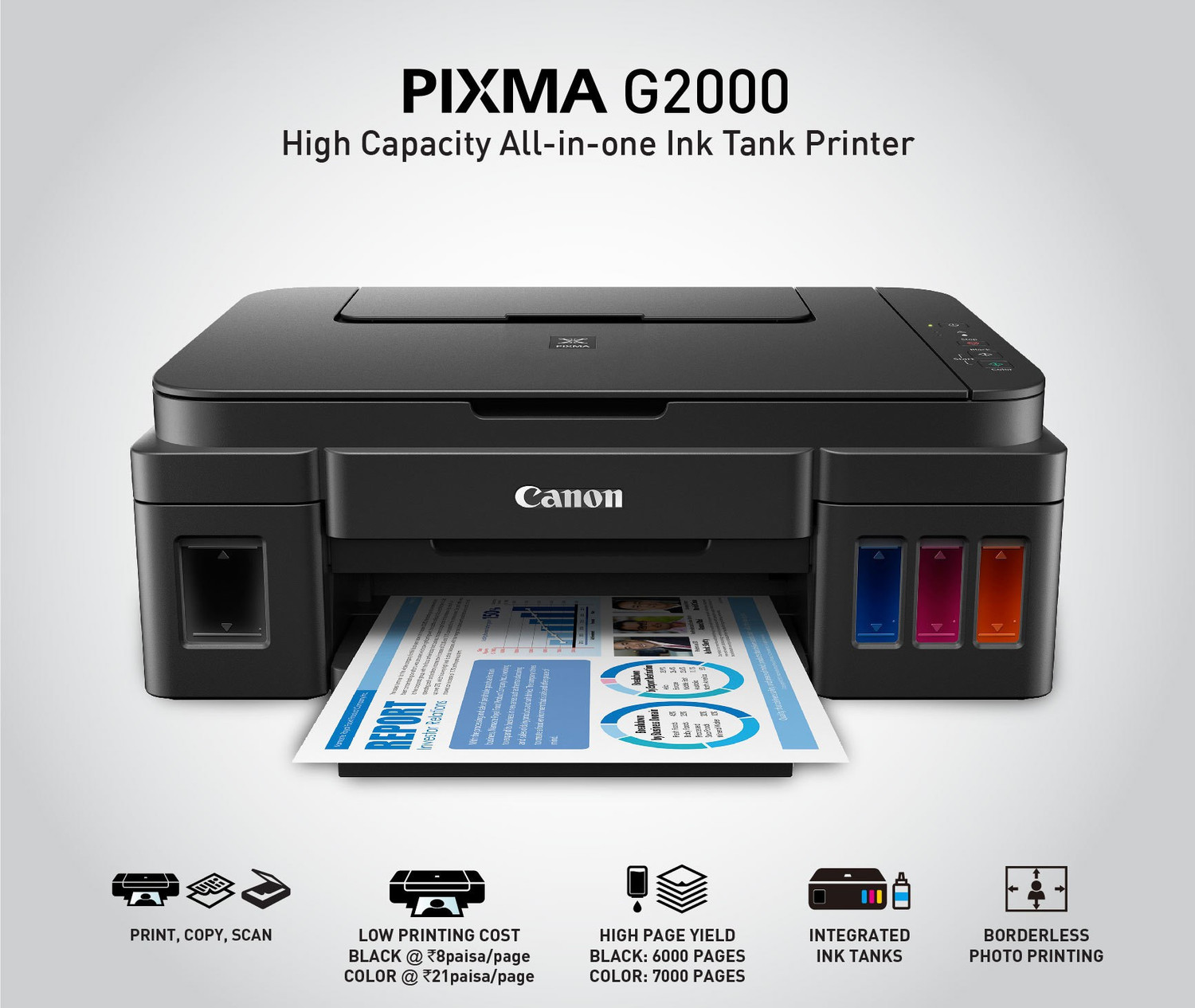 Image of Canon PIXMA G2000 Multi-function Color Ink Tank Printer (Color Page Cost: 0.21 Rs. | Black Page Cost: 0.09 Rs. | Borderless Printing)