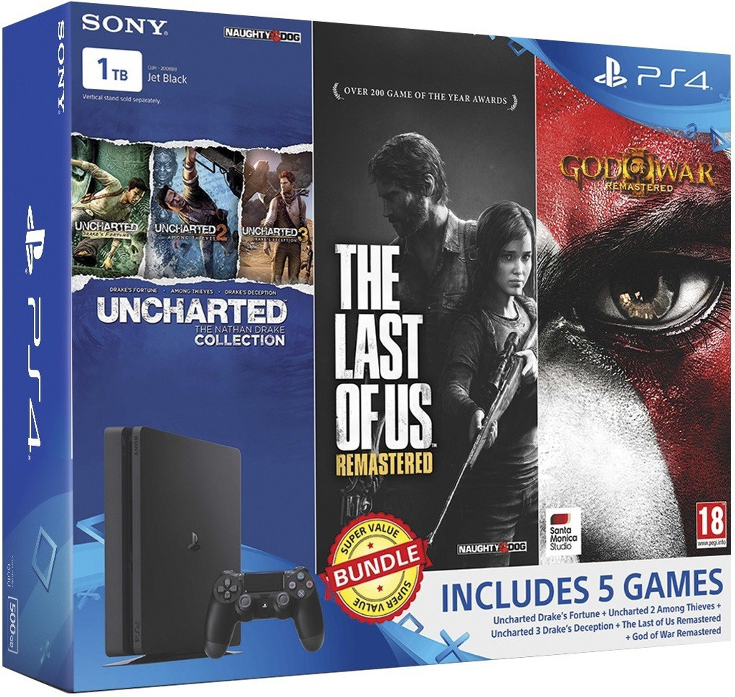 Image of SONY PlayStation 4 (PS4) Slim 1 TB with Uncharted Collection, The Last of Us Remastered and God of War Remastered