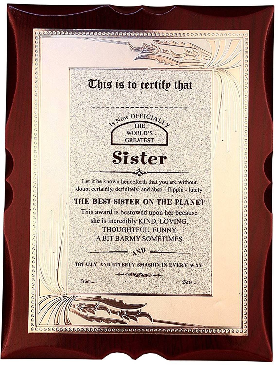 Atpata Funky World's Best SISTER Premium Certificate Award Trophy