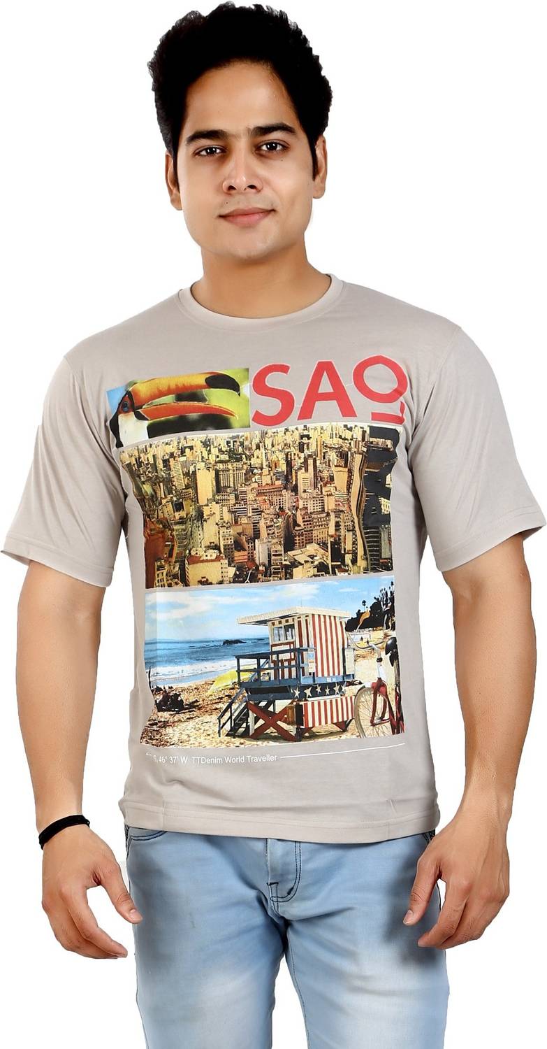 AWACK Graphic Print Men Round Neck Beige T-Shirt