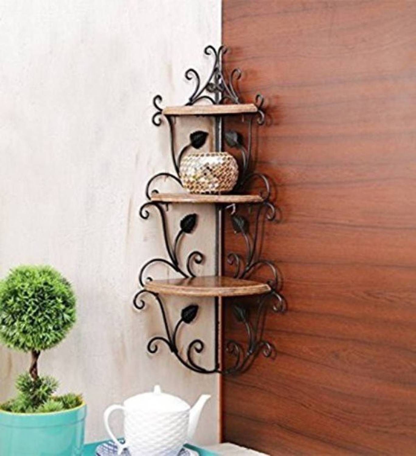 DECORASIA Wooden & Wrought Iron Corner Rack Wooden, Iron Wall