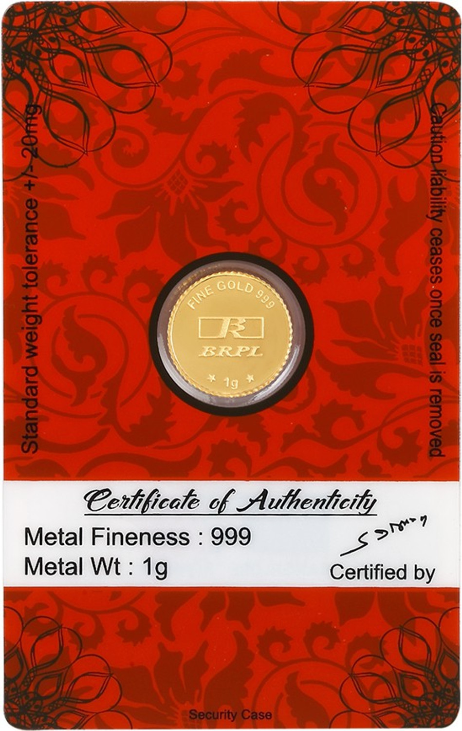 Image of Bangalore Refinery Lakshmi Coin 24 (999) K 1 g Gold Coin