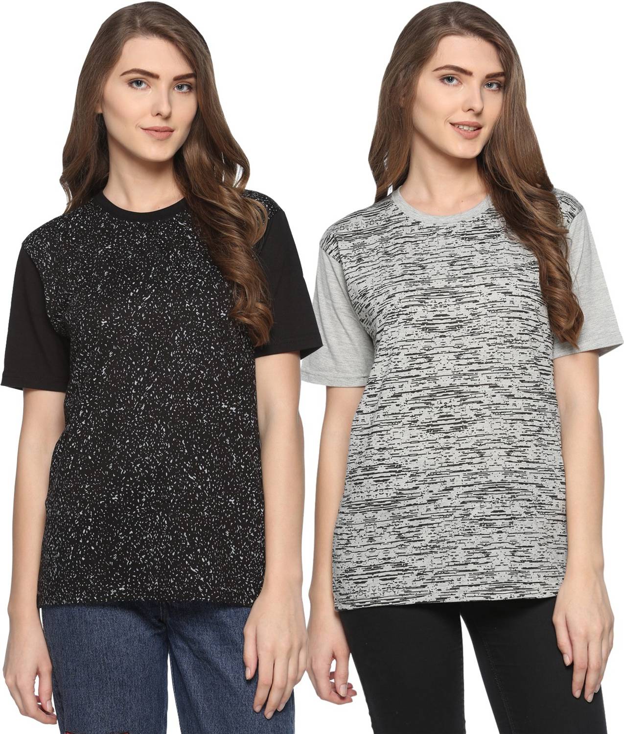 69GAL Printed Women Round Neck Black, Grey T-Shirt