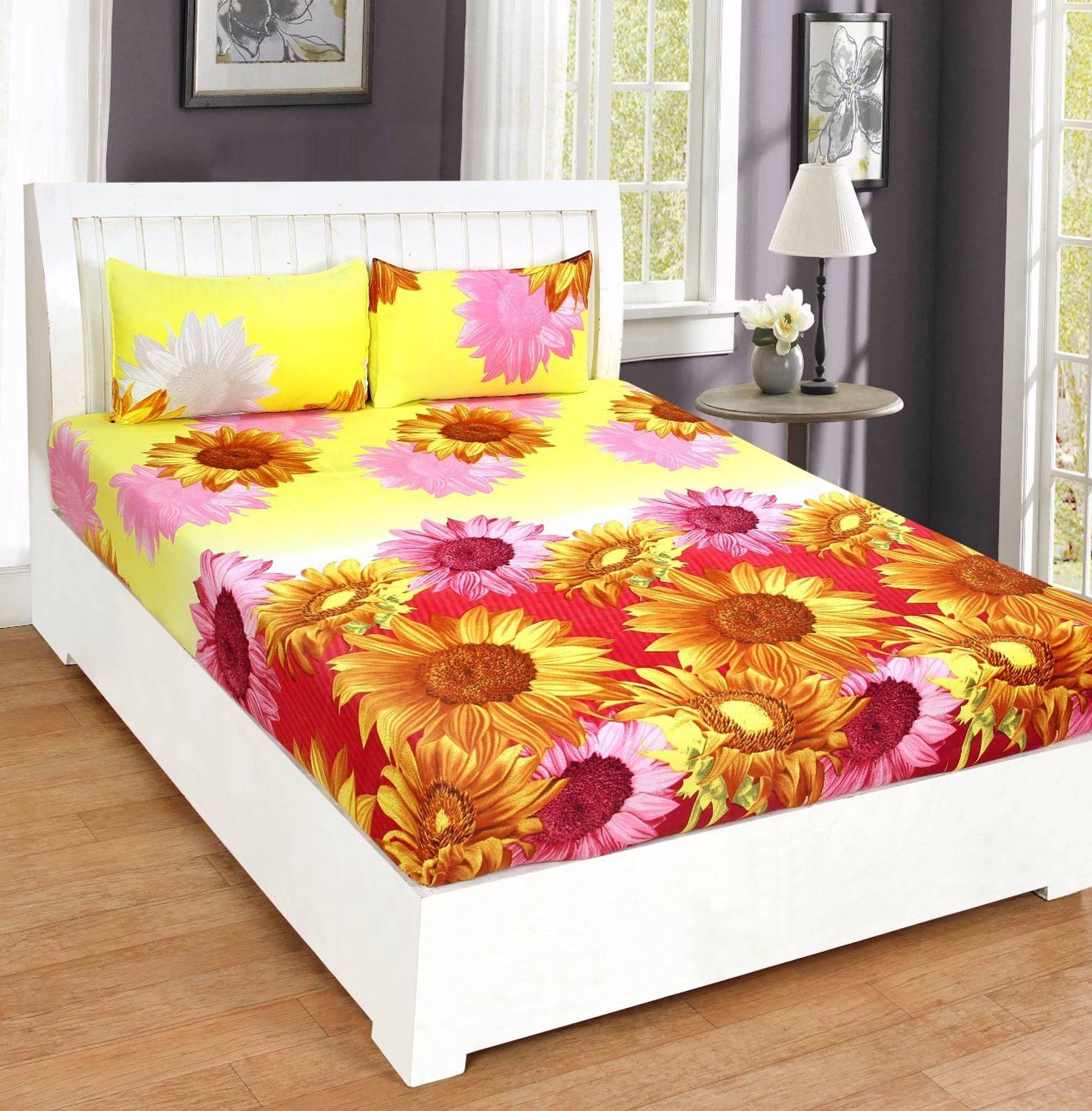 GOODLYF Polyester Double Flat 110 TC Printed 1 Bedsheet with 2 Pillow Covers