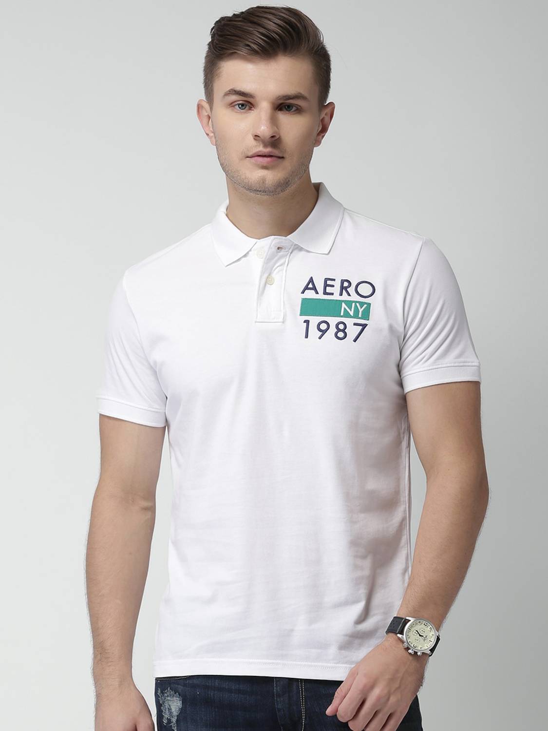 AEROPOSTALE Printed Men Polo Neck White T-Shirt