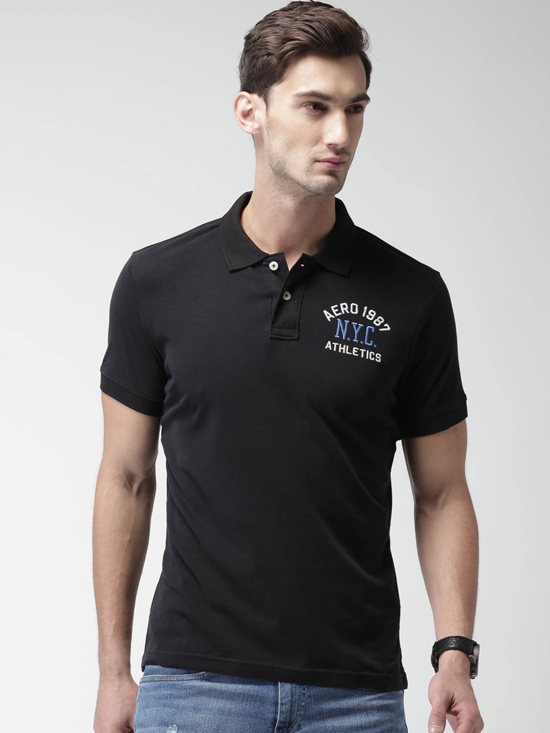 AEROPOSTALE Printed Men Polo Neck Black T-Shirt
