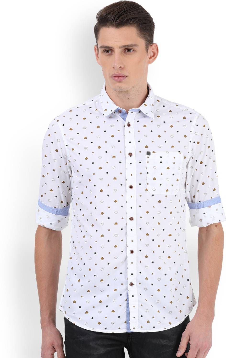 Arrow Blue Jean Company Men Printed Casual White, Brown Shirt