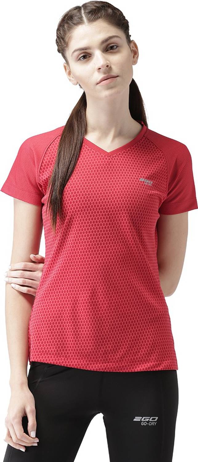 2GO Self Design Women V Neck Red, Maroon T-Shirt