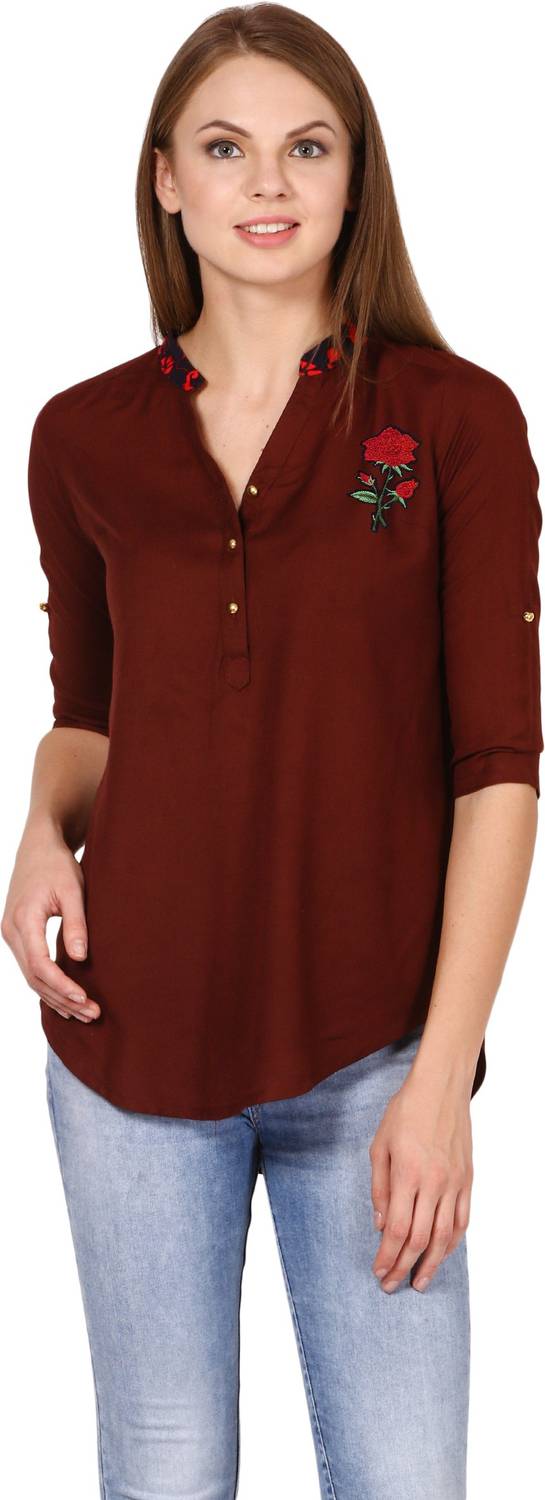 Beautylife Casual Roll-up Sleeve Solid Women Maroon Top
