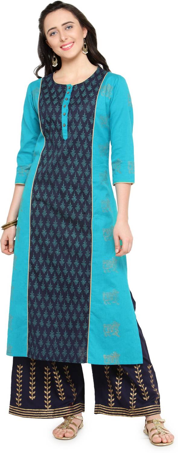BITTERLIME Women Block Print Straight Kurta
