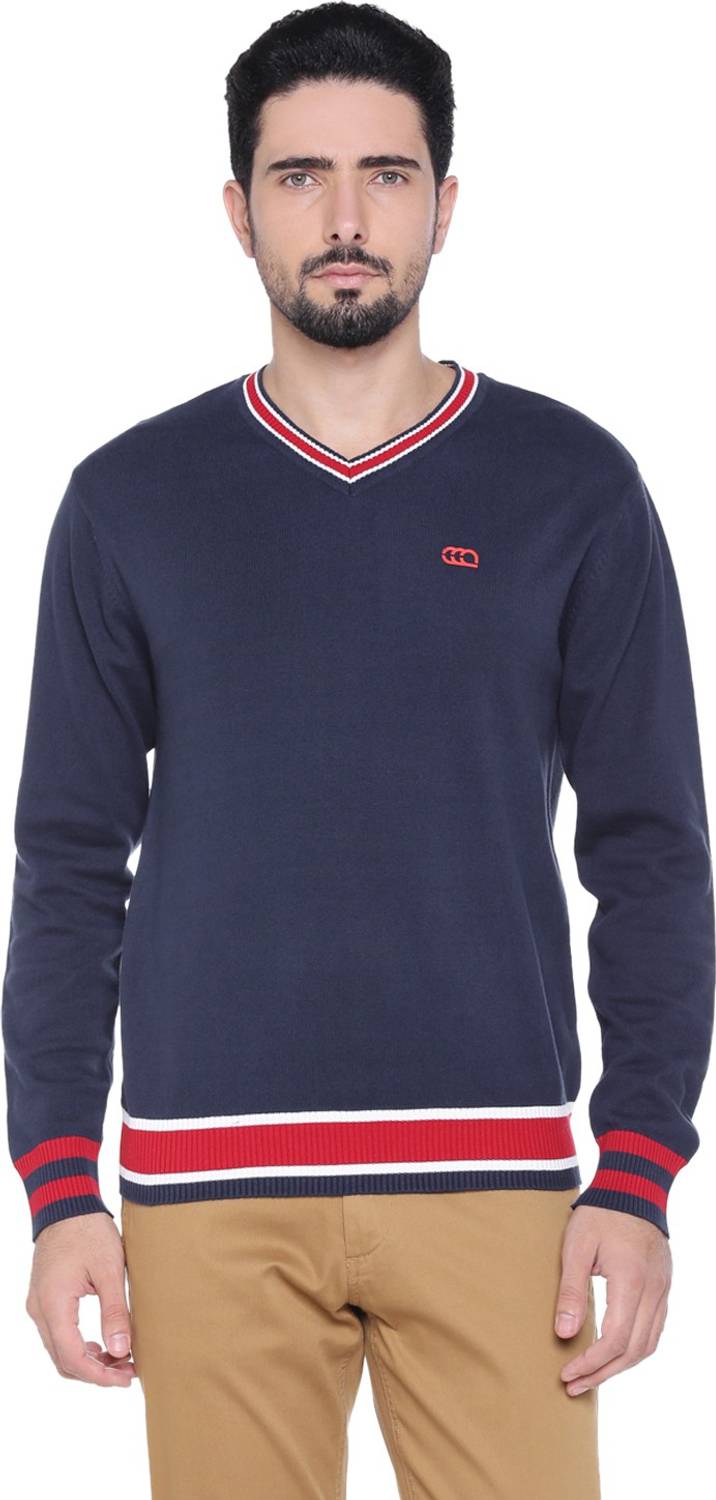 Ajile By Pantaloons Solid V Neck Casual Men Dark Blue Sweater