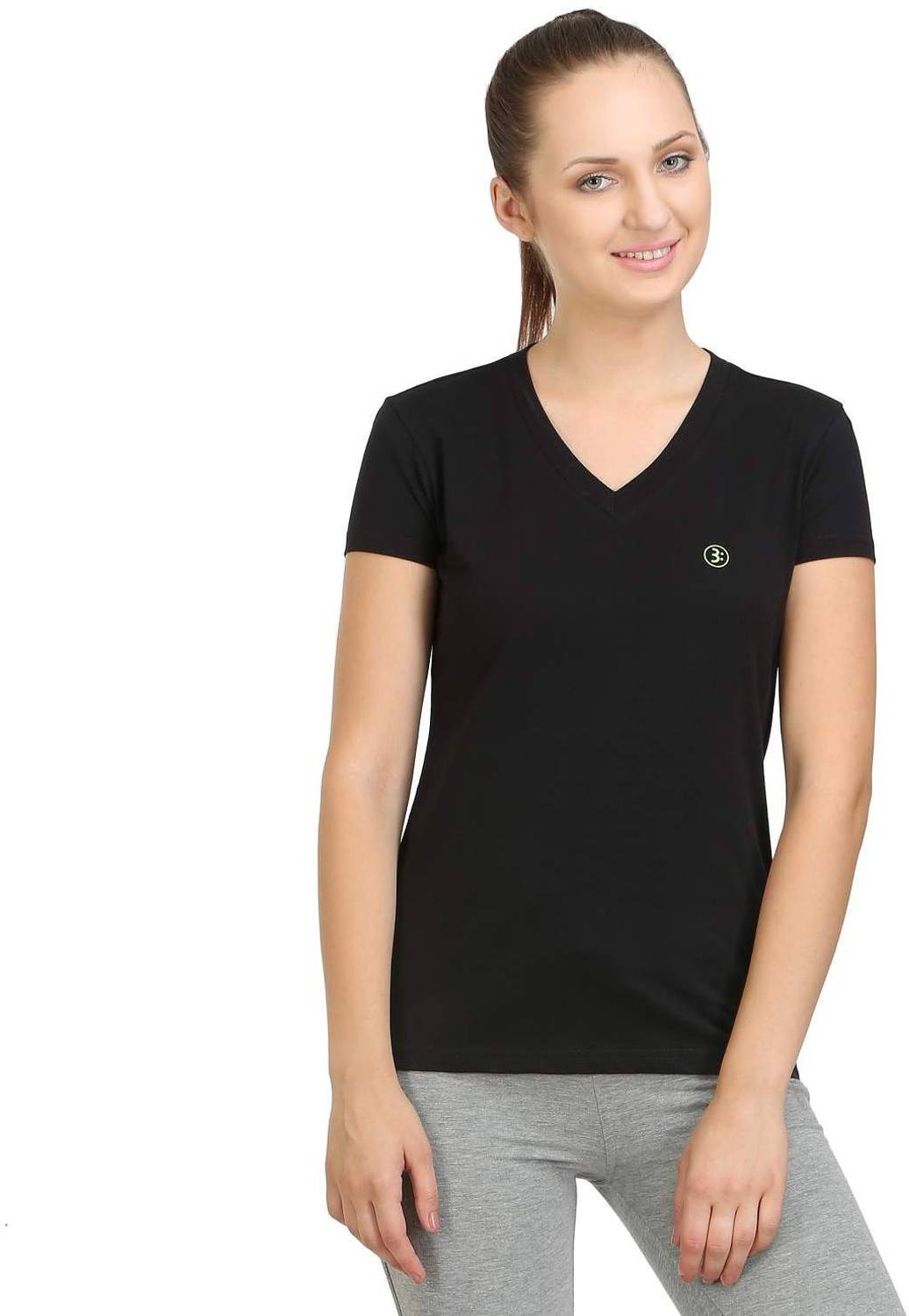BODYACTIVE Solid Women V Neck Black T-Shirt