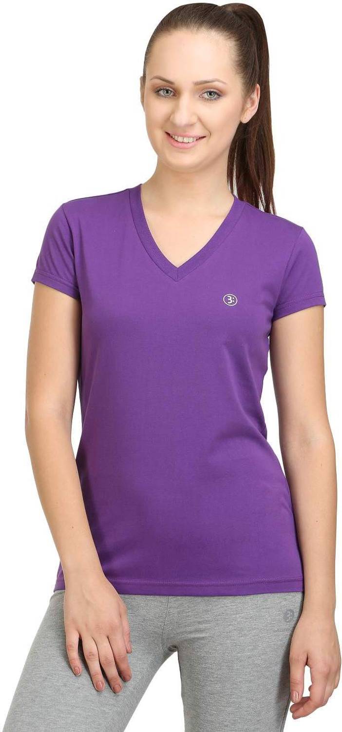 BODYACTIVE Solid Women V Neck Purple T-Shirt