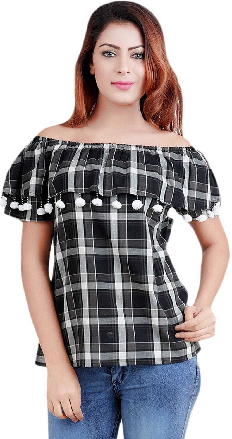 Anekaant Casual Cape Sleeve Checkered Women White, Black Top
