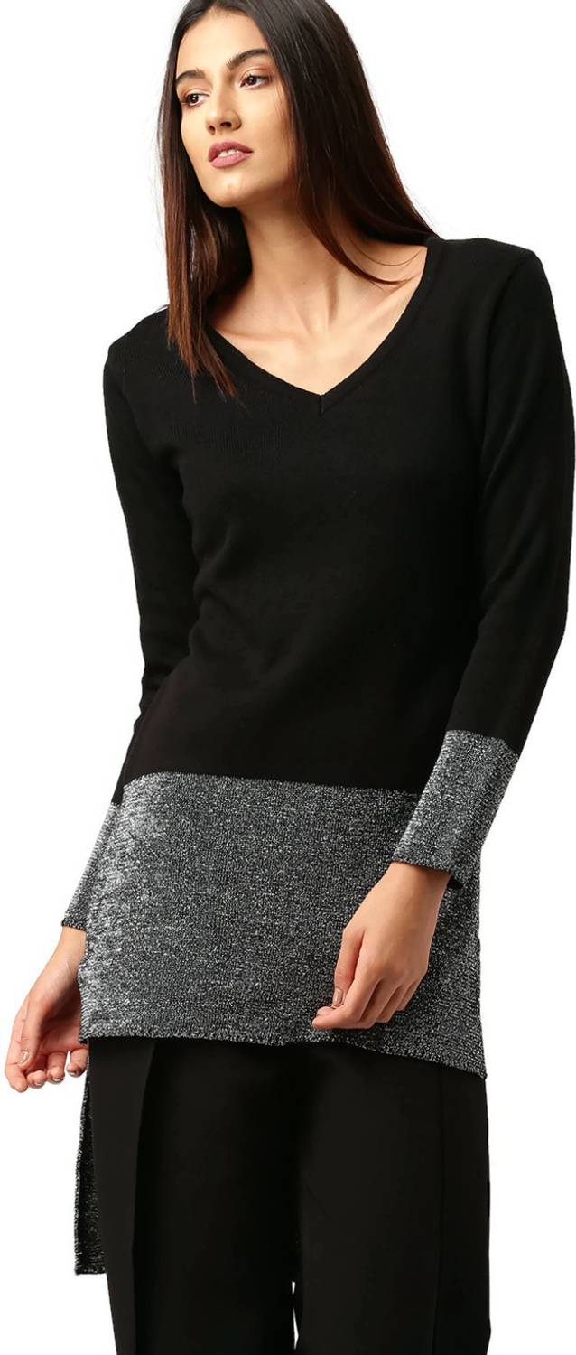 all about you Solid V Neck Casual Women Black, Grey Sweater