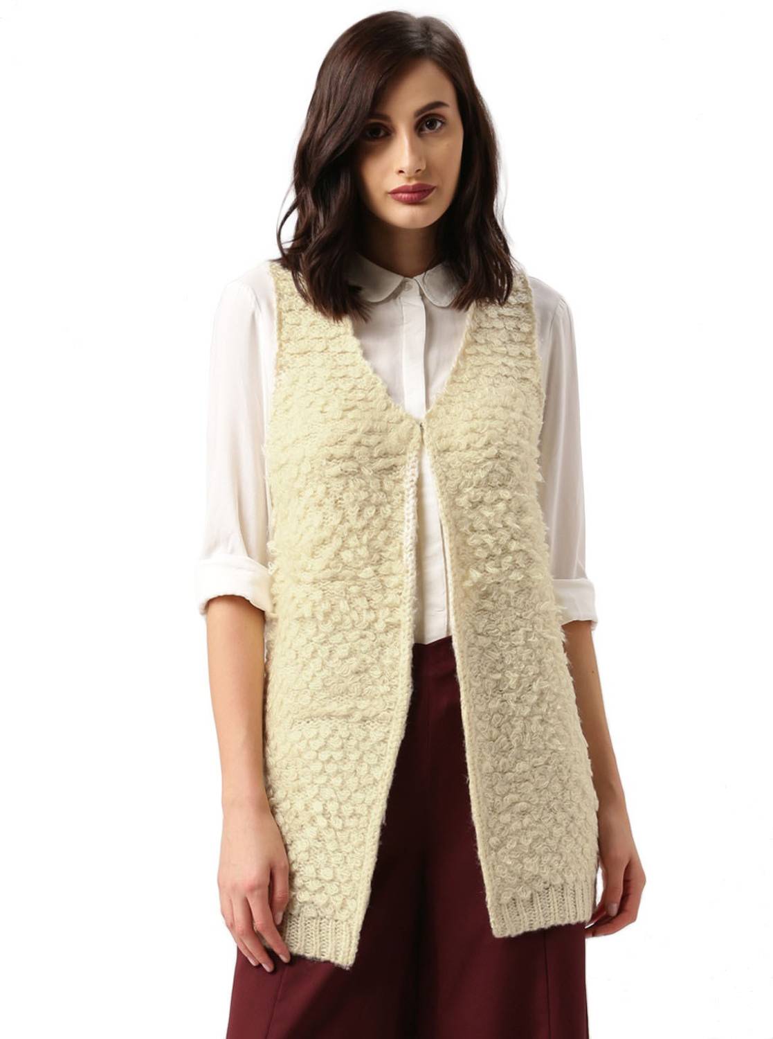 all about you Self Design V Neck Casual Women Beige Sweater