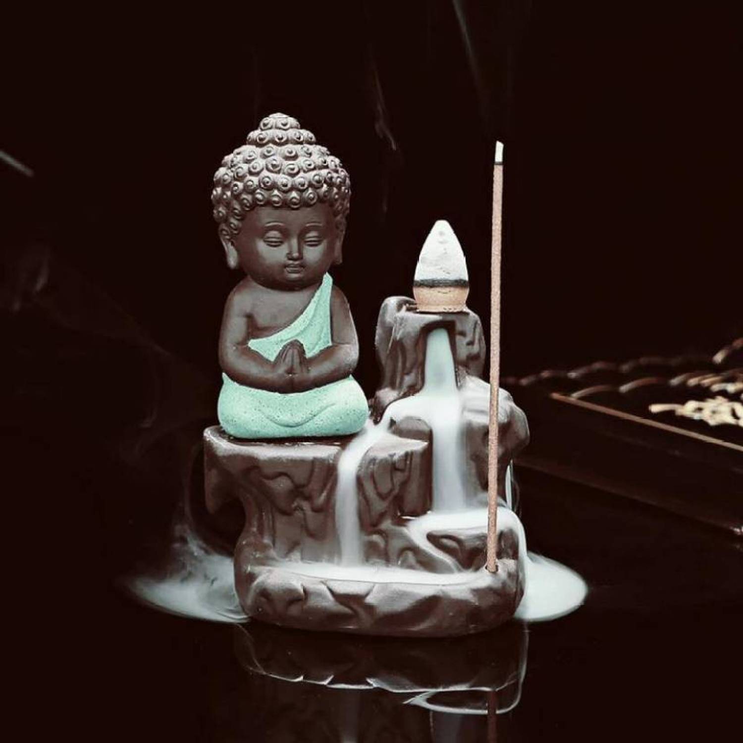AapnoCrafts Maditating Monk Buddha Smoke Back flow Cone Incense Holder- With 10 Free Incence Cones Decorative Showpiece - 12 cm