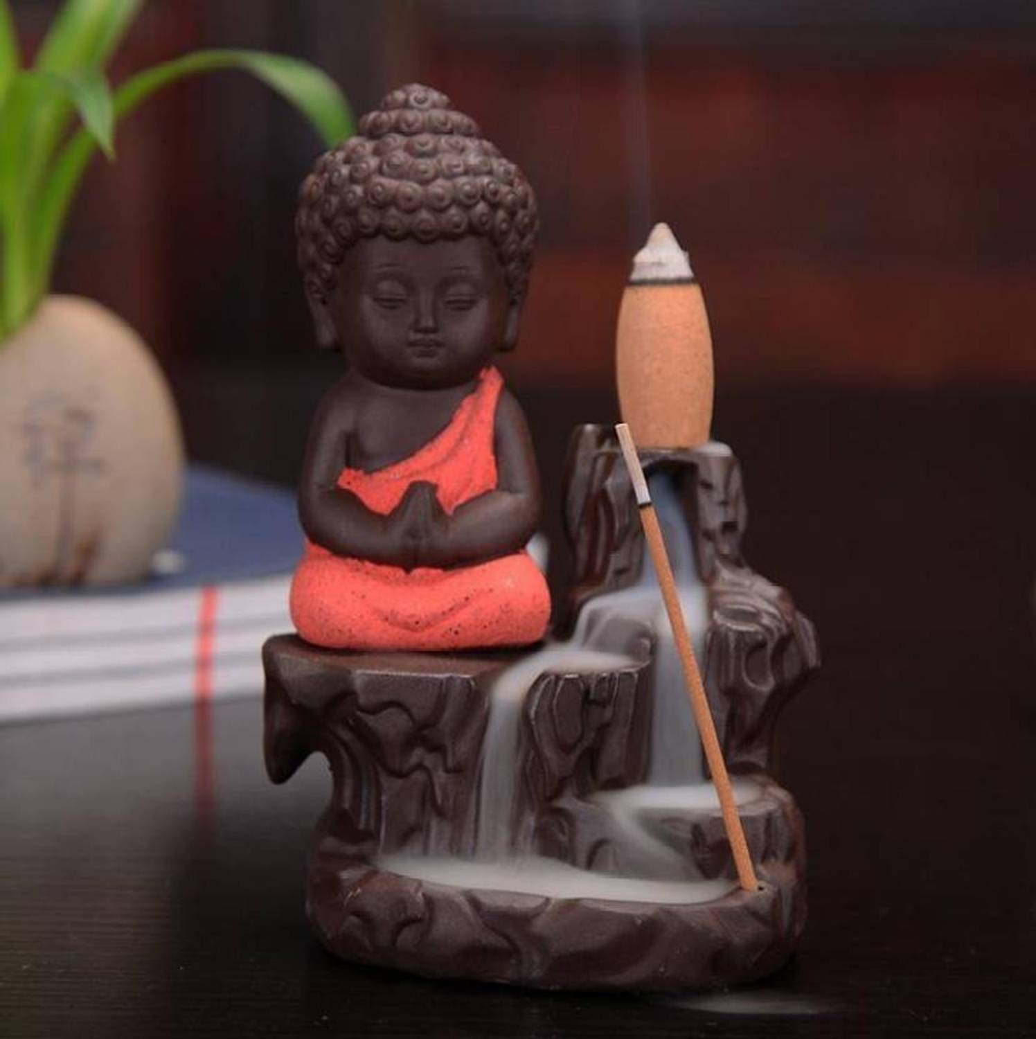 AapnoCrafts Meditating Monk Buddha Smoke Back flow Cone Incense Holder- With 10 Free Incence Cones Decorative Showpiece - 12 cm