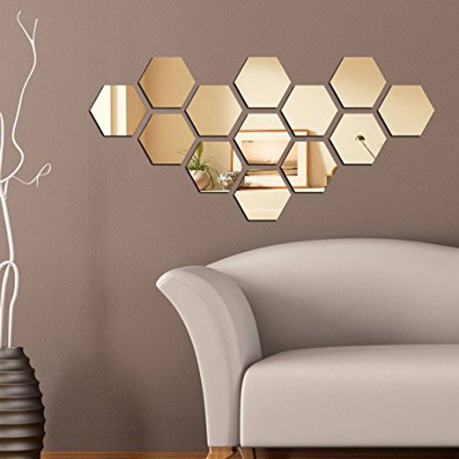 AtulyaArts 73 cm HEXAGON Golden (Pack of 13) 3D Mirror 3D Acrylic Wall sticker, 3D Acrylic stickers for wall, 3D Acrylic Mirror stickers for living room, bedroom, kids room, 3D Acrylic mural for home & offices décor Self Adhesive Sticker