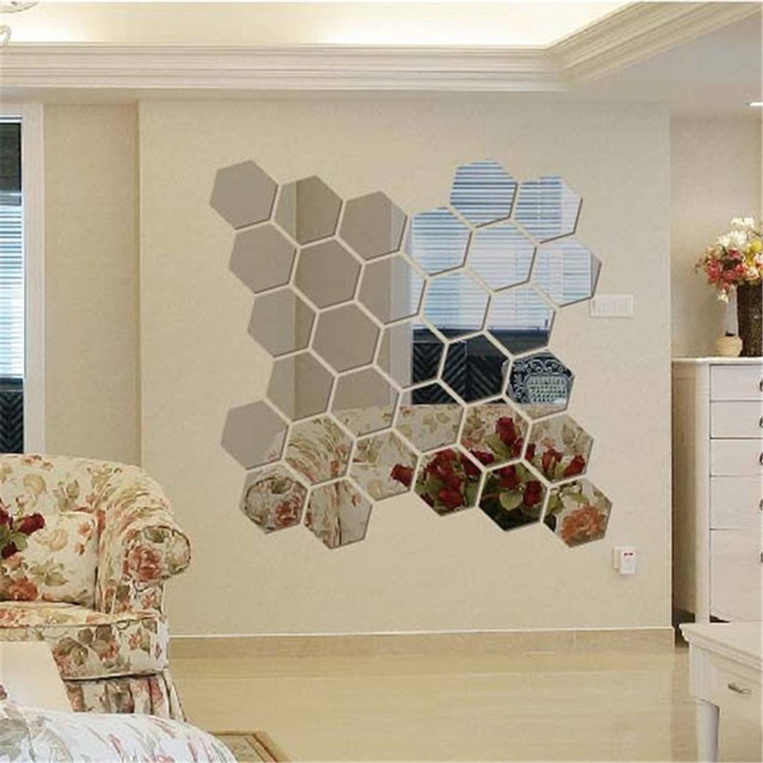 AtulyaArts 72 cm HEXAGON Golden (Pack of 12) 3D Mirror 3D Acrylic Wall sticker, 3D Acrylic stickers for wall, 3D Acrylic Mirror stickers for living room, bedroom, kids room, 3D Acrylic mural for home & offices décor Self Adhesive Sticker