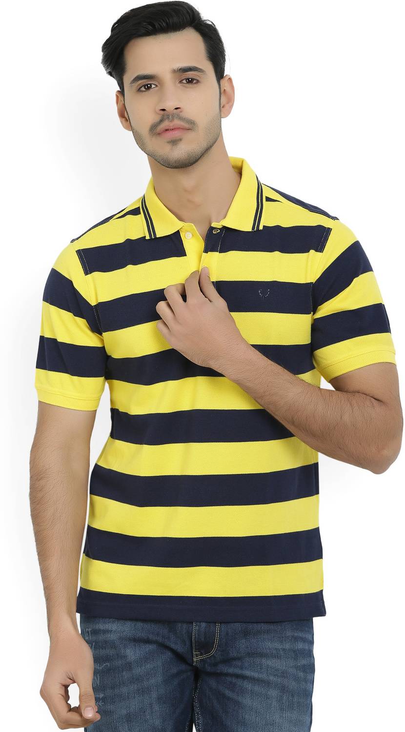 Allen Solly Striped Men Polo Neck Dark Blue, Yellow T-Shirt