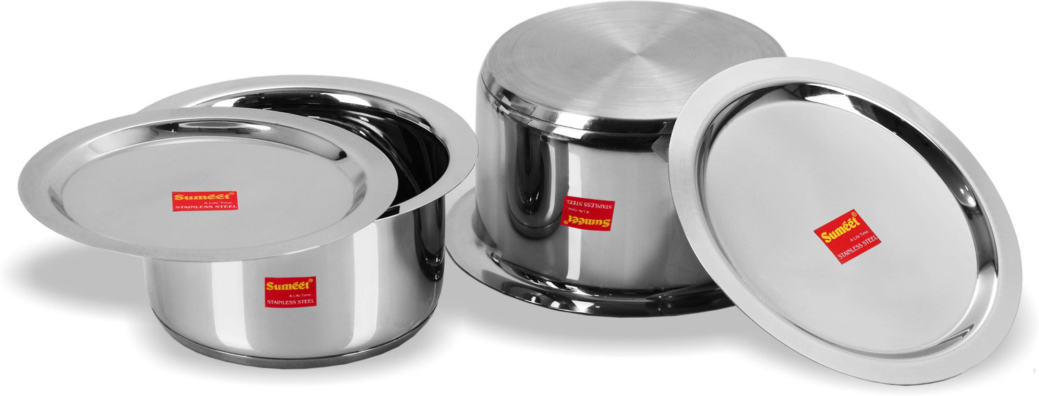 Image of Sumeet 2 Pcs Stainless Steel Induction Bottom (Encapsulated Bottom) Induction & Gas Stove Friendly Container Set / Tope / Cookware Set With Lids Size No.13 & No.14 Tope /Bhagona /Patila Set with Lid 2.8 L capacity 0 cm diameter