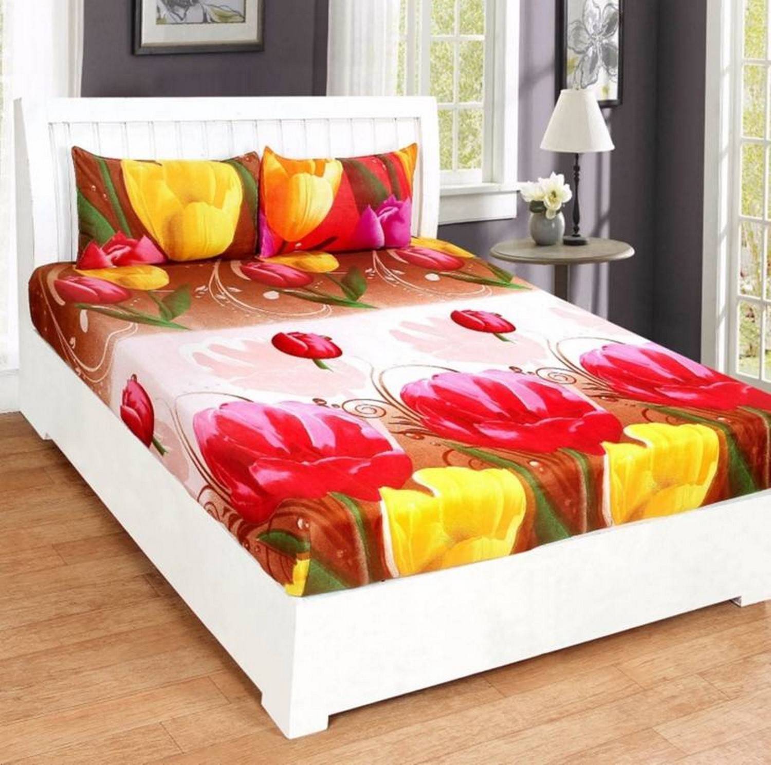 Ashu Decor Microfiber Double Flat 144 TC 3D Printed 1 Bedsheet with 2 Pillow Covers