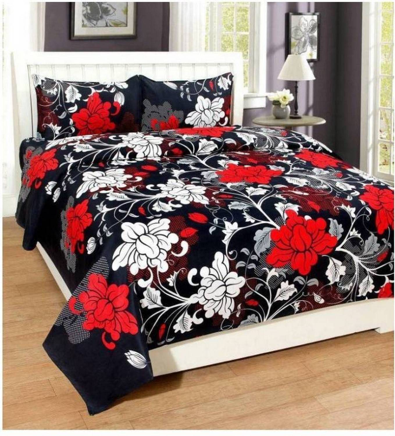 Ashu Decor Microfiber Double Flat 144 TC 3D Printed 1 Bedsheet with 2 Pillow Covers