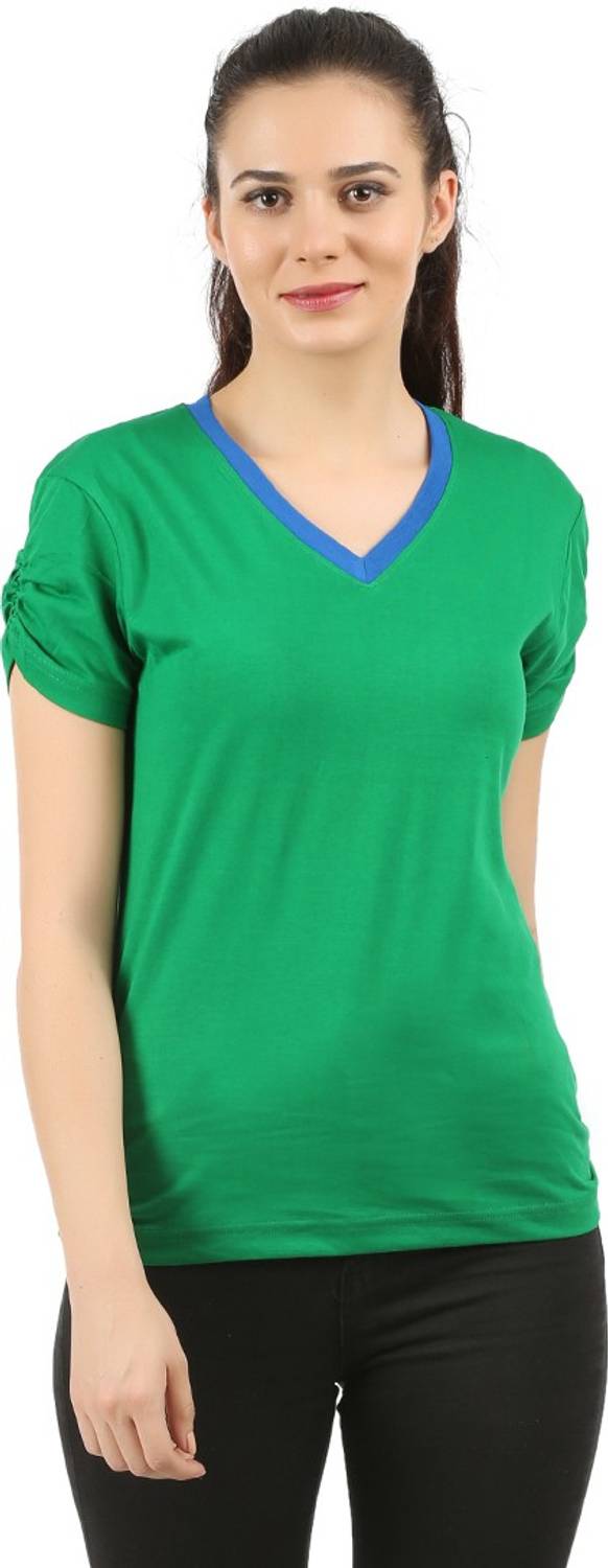CHECKERSBAY Solid Women V Neck Green T-Shirt