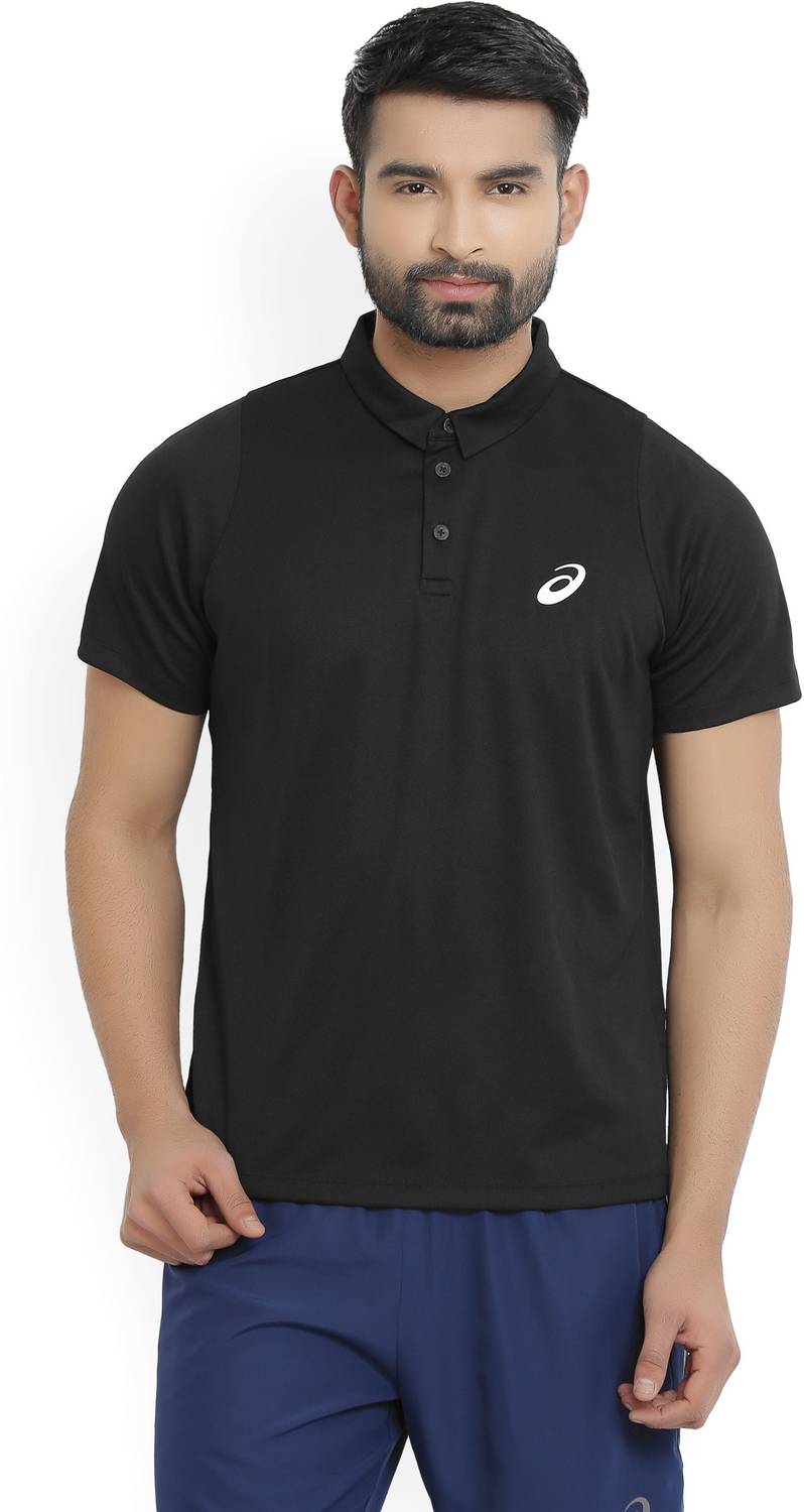 Asics Solid Men Polo Neck Black T-Shirt
