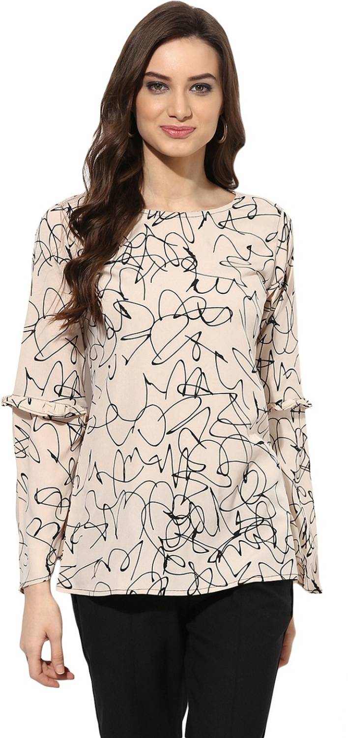 AHIKA Casual Layered Sleeve Printed Women Black, Beige Top