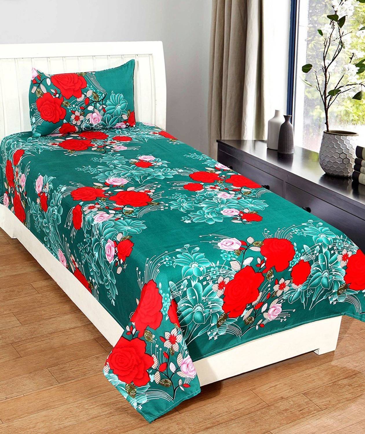The 3rd Angle Mart Polycotton Single Flat 140 TC Floral 3 Bedsheets with 6 Pillow Covers