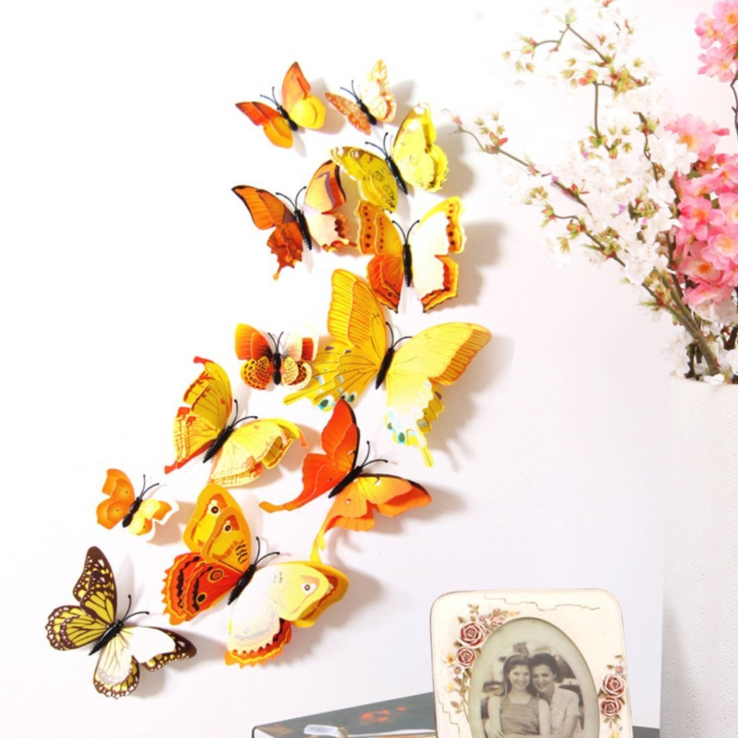 Ampire 12 cm Wall Stickers 3D Butterflies Magnet Yellow Table Office Decor Double Layer Magnetic Sticker
