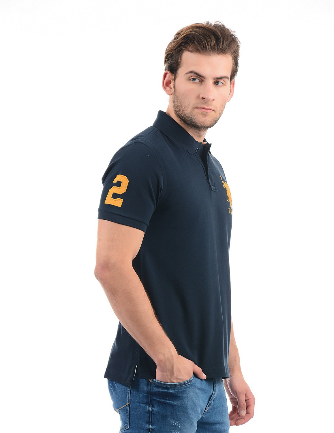 Image of U.S. POLO ASSN. Solid Men Polo Neck Dark Blue T-Shirt