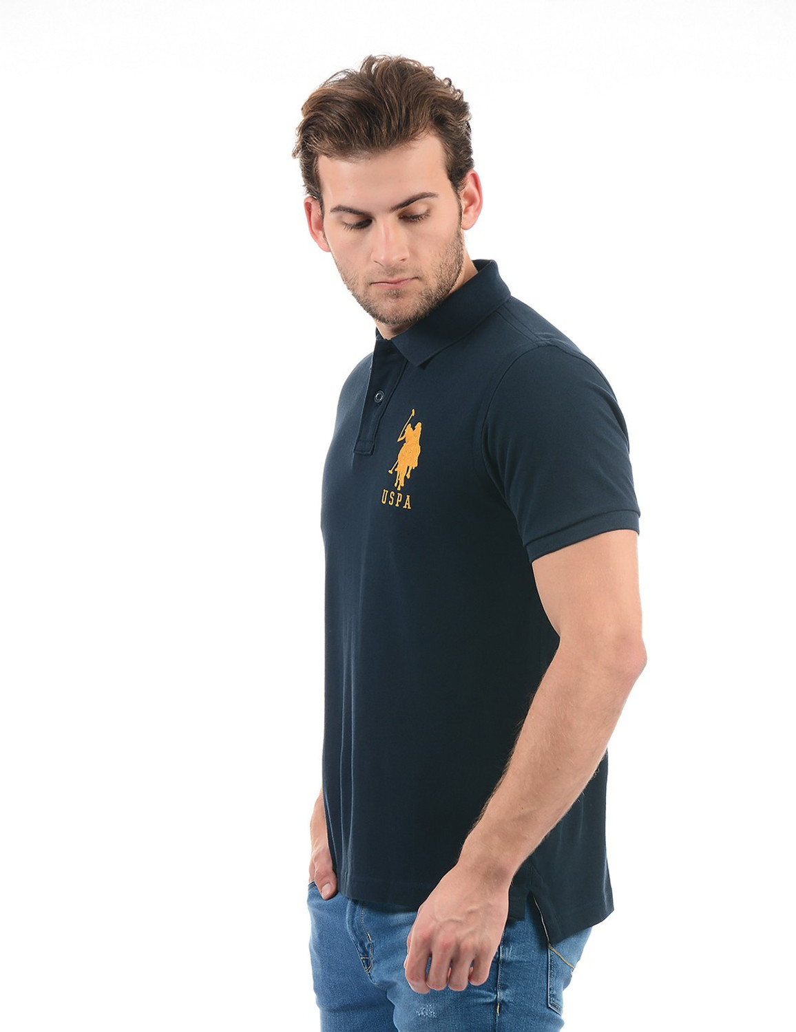 Image of U.S. POLO ASSN. Solid Men Polo Neck Dark Blue T-Shirt