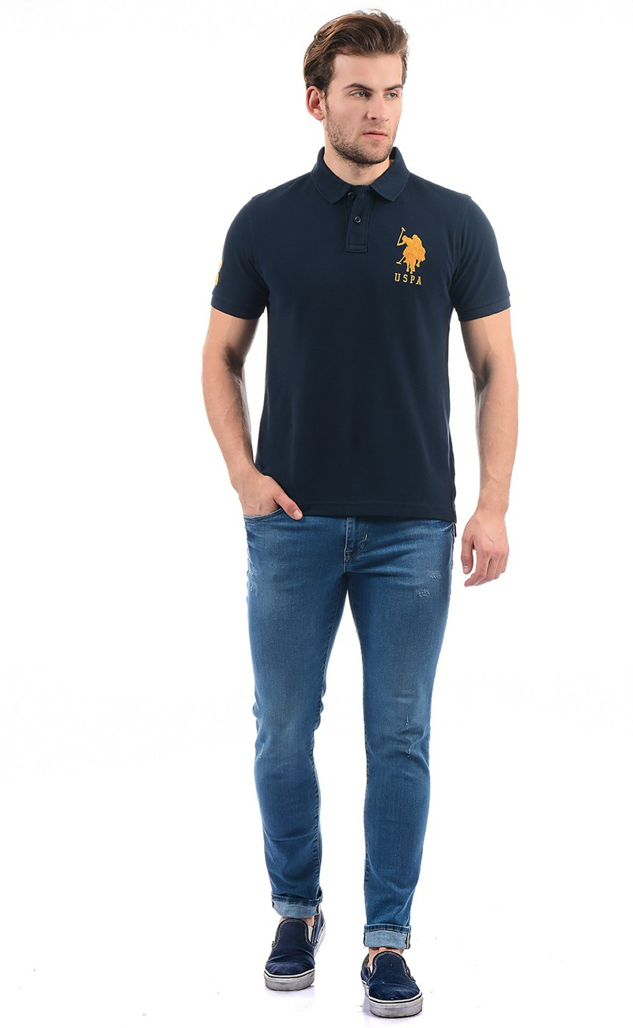 Image of U.S. POLO ASSN. Solid Men Polo Neck Dark Blue T-Shirt