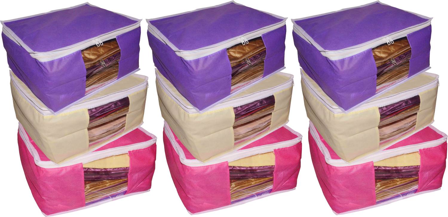 Ajabh High Quality Combo deal Large 10 inch bridal 3pc Pink saree cover 3pc purple sari cover and 3pc cream saree box gift organizer bag vanity pouch Capacity 10-15 Units Saree Each Keep saree/Suit/Travelling Pouch