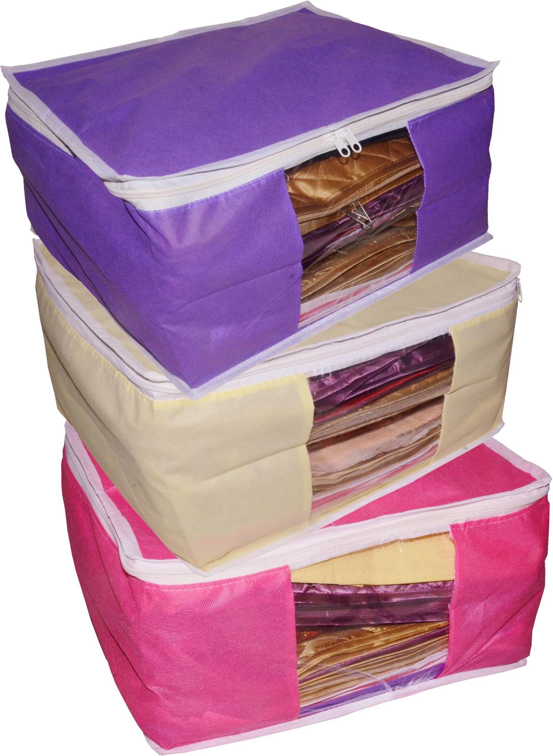 Ajabh High Quality Combo deal Large 10 inch bridal 1pc Pink saree cover 1pc purple sari cover and 1pc cream saree box gift organizer bag vanity pouch Capacity 10-15 Units Saree Each Keep saree/Suit/Travelling Pouch