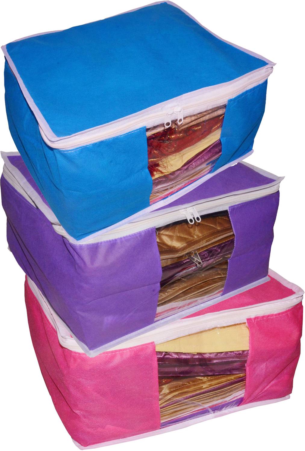 Ajabh High Quality Combo deal Large 10 inch bridal 1pc Pink saree cover 1pc blue sari cover and 1pc purple saree box gift organizer bag vanity pouch Capacity 10-15 Units Saree Each Keep saree/Suit/Travelling Pouch