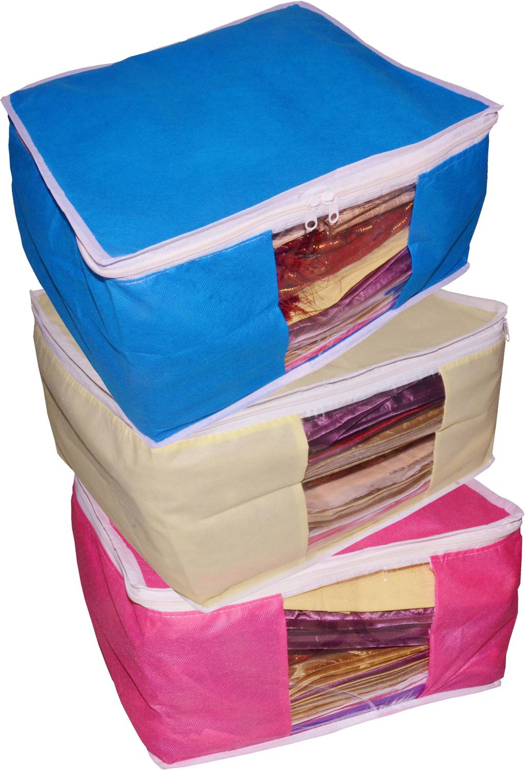 Ajabh High Quality Combo deal Large 10 inch bridal 1pc Pink saree cover 1pc blue sari cover and 1pc cream saree box gift organizer bag vanity pouch Capacity 10-15 Units Saree Each Keep saree/Suit/Travelling Pouch